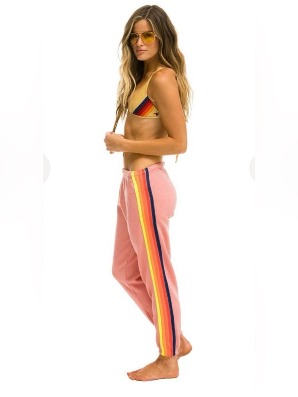 Aviator Nation Peachy Pink Sweatpants with Rainbow Side Stripes